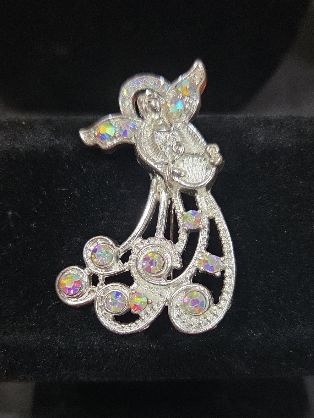 Silver Angel Brooch with Aurora Borealis Crystals